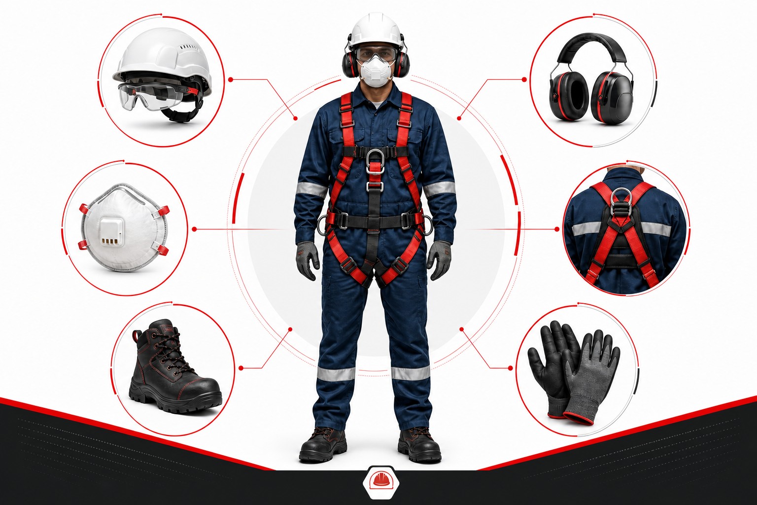 Trabajador equipado con casco, protección ocular, auditiva, respiratoria, guantes, calzado y arnés